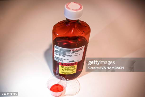 500ml bottle of liquid oxycodone, an opioid pain relief medication, and a dose of 5ml of the solution sit on a table in Washington, DC March 29,...