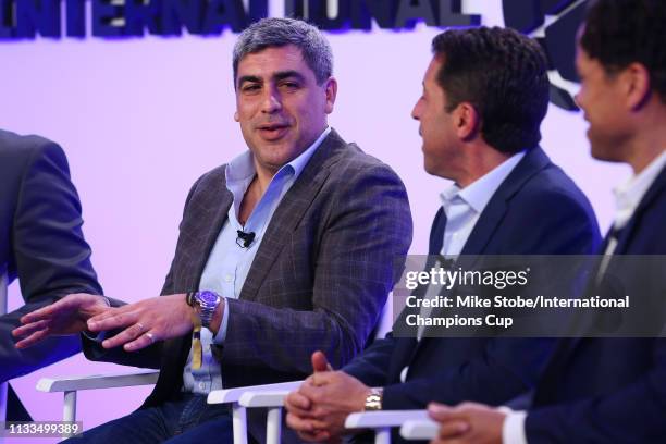 Member of the 1994 U.S. World Cup team Claudio Reyna speaks during 'Home Field Advantage '94 World Cup' panel during day three of the International...