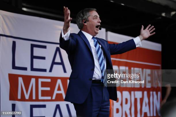 Nigel Farage addresses Pro Brexit demonstrators in central London on March 29, 2019 in London, England. Today pro-Brexit supporters including the...