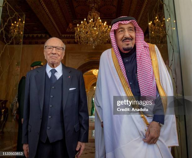 King of Saudi Arabia, Salman bin Abdulaziz Al Saud meets Tunisian President Beji Caid Essebsi at Carthage Palace in Tunis, Tunisia on March 29, 2019.