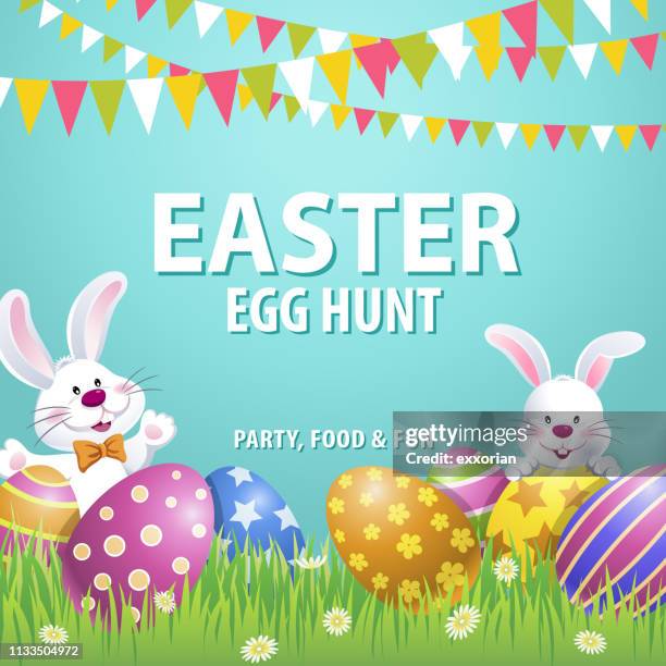 ilustraciones, imágenes clip art, dibujos animados e iconos de stock de fiesta de la caza del huevo de pascua - easter bunny