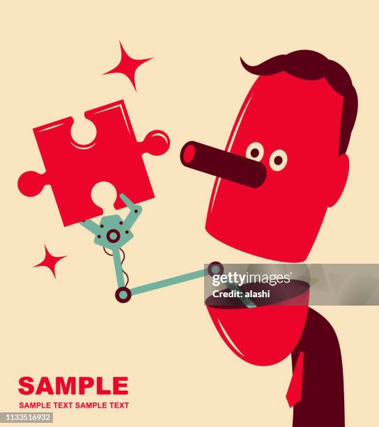 robotic arm from man's open mouth holding jigsaw piece - genius stock illustrations