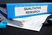 Qualitative research methods report in a blue folder.