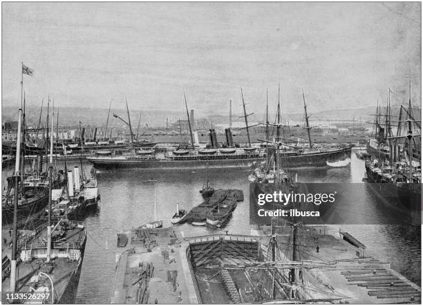 antique black and white photograph of england and wales: southampton docks - docks stock illustrations