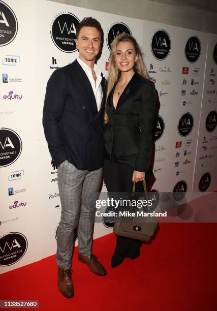 Richard Fleeshman and Celinde Schoenmaker attend the WhatsOnStage Awards at Prince Of Wales Theatre on March 03, 2019 in London, England.