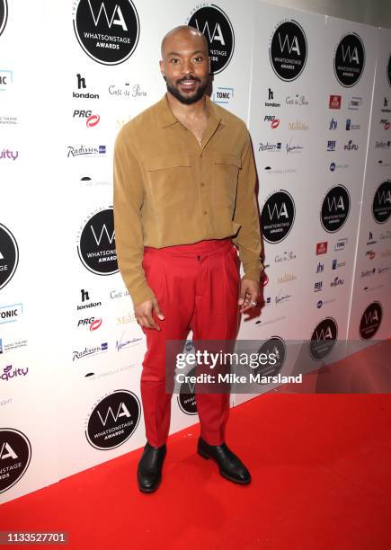 Arinze Kene attends the WhatsOnStage Awards at Prince Of Wales Theatre on March 03, 2019 in London, England.