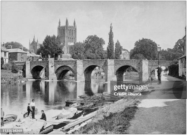 antique black and white photograph of england and wales: hereford cathedral, wye bridge - river wye herefordshire stock illustrations