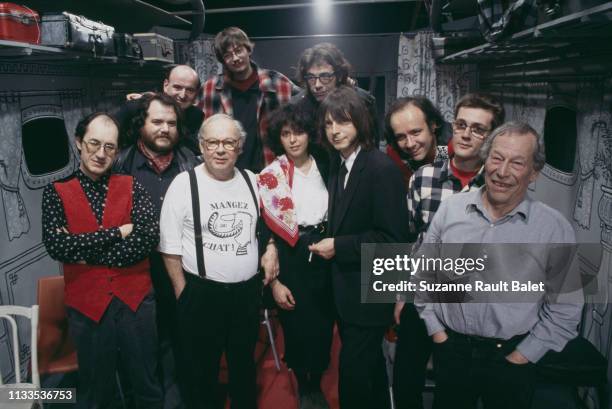 French singer and songwriter Renaud with Siné, Gébé, Luz and Tignous, members of satirical weekly newspaper Charlie Hebdo, on the set of the TV show...