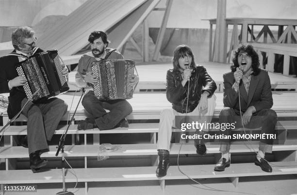 French singers Julien Clerc and Renaud performing on television show 'Numero 1.'