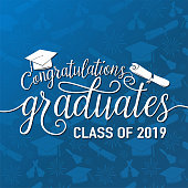 Vector illustration on seamless graduations background congratulations graduates 2019 class of, white sign for the graduation party. Typography greeting, invitation card with diplomas, hat, lettering