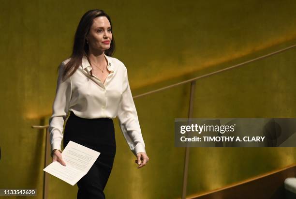 Actress and UN High Commissioner for Refugees, Angelina Jolie arrives to address a meeting of the UN Peacekeeping Ministerial: Uniformed...