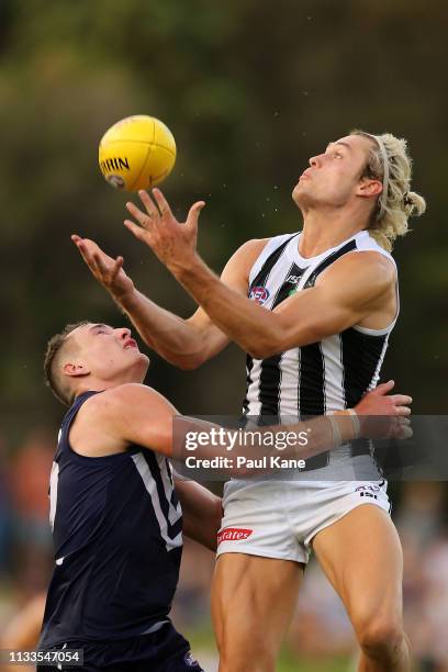 Darcy Moore of the Magpies marks the ball against Brennan Cox of the Dockers during the 2019 JLT Community Series AFL match between the Fremantle...