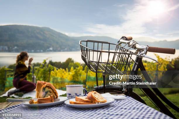 frau mit citybike macht picknick mit kärntner reindling am wörthersee - frau fotografías e imágenes de stock