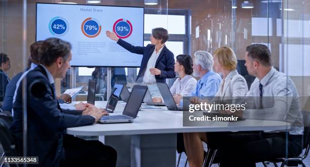 geschäftsfrau hält eine präsentation mit display im gläsernen konferenzraum - 50 percent stock-fotos und bilder