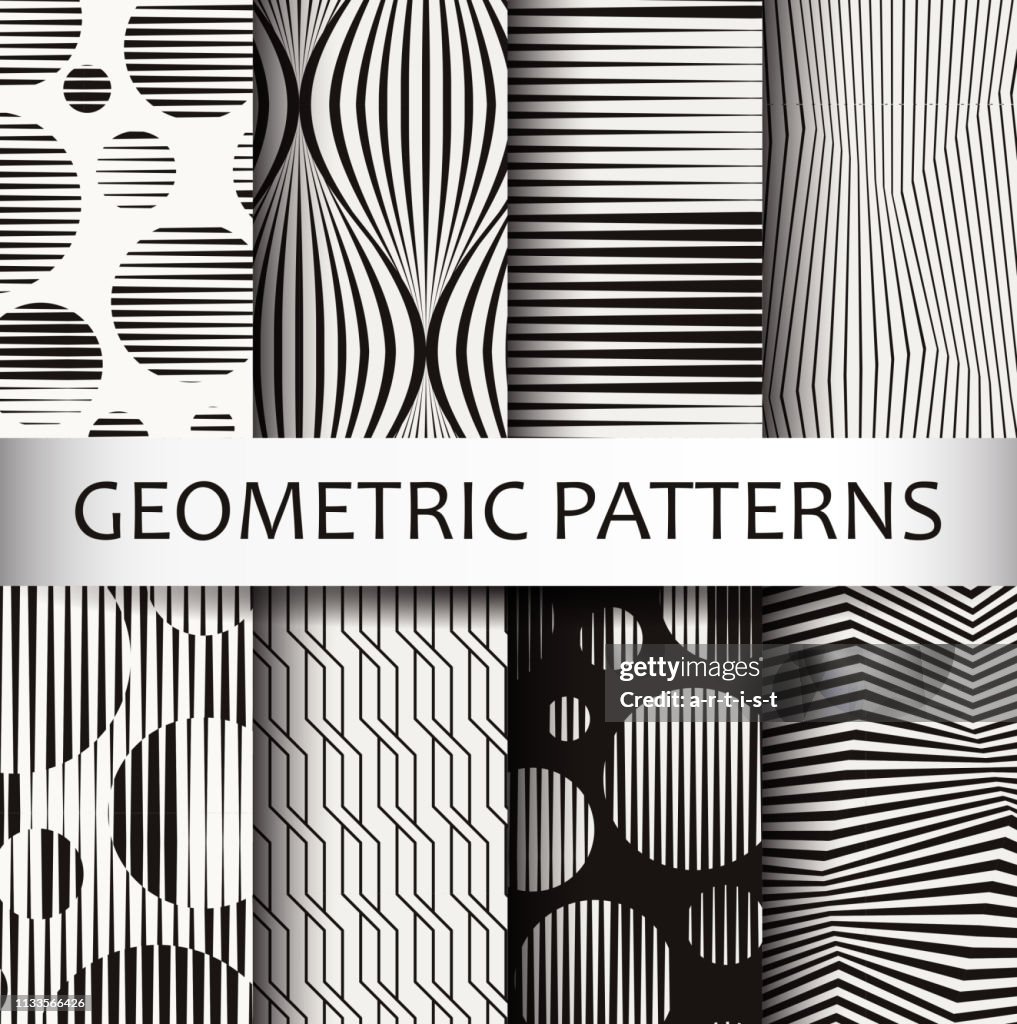 8 seamless geometric patterns. Black and white color.