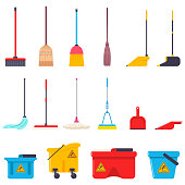 Broom, mop, dustpan and bucket vector cartoon flat set of cleaning house supplies isolated on a white background.