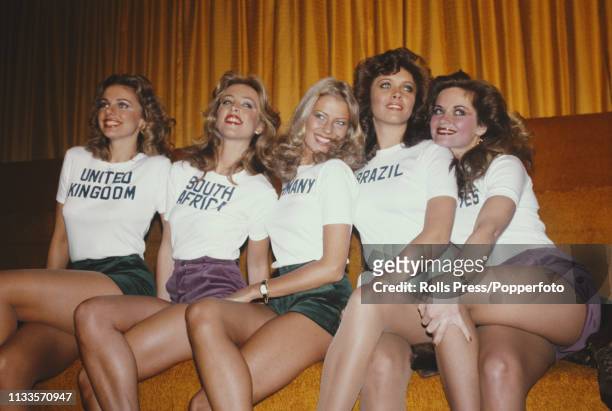 View of some of the contestants who will line up to compete in the 1977 Miss World beauty pageant, from left, Miss United Kingdom Madeleine Stringer,...