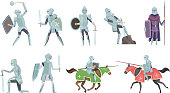 Knight. Chivalry prince medieval fighters brutal warriors on horse battle vector cartoon illustrations