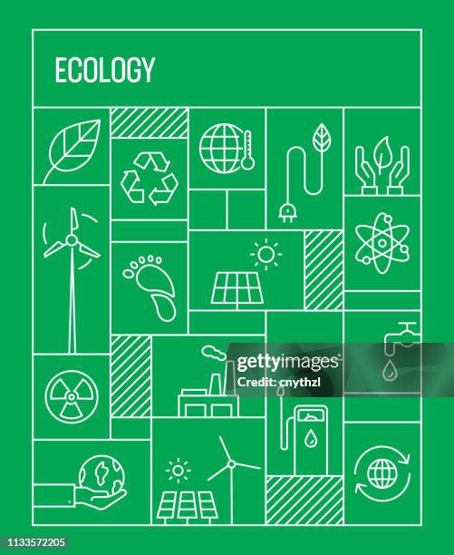 ilustraciones, imágenes clip art, dibujos animados e iconos de stock de concepto de ecología. estilo geométrico retro banner y cartel concepto con ecología línea iconos - basura cero