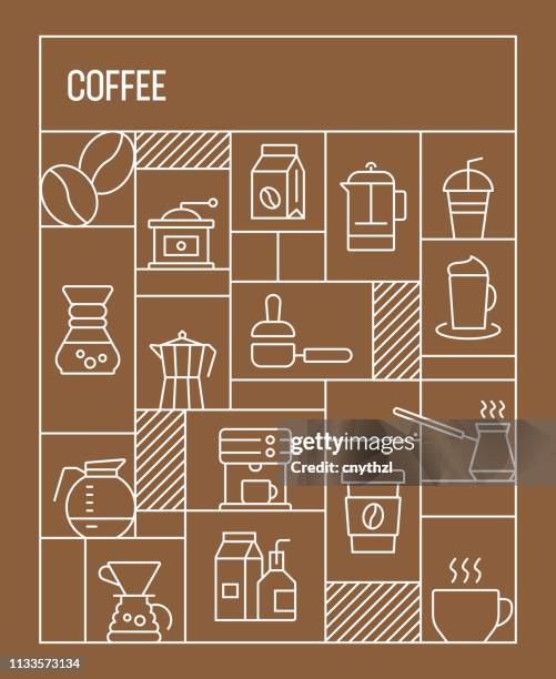 coffee concept. geometric retro style banner and poster concept with coffee line icons - coffee plantation stock illustrations