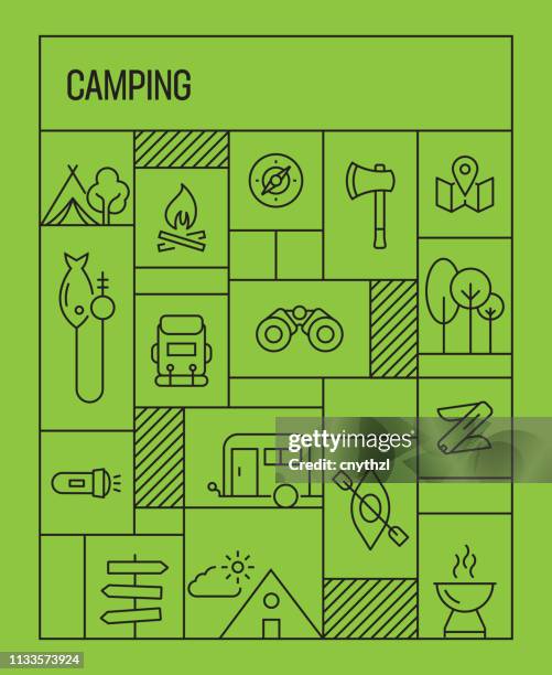 camping concept. geometric retro style banner and poster concept with camping line icons - summer camp stock illustrations