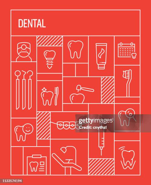 ilustrações, clipart, desenhos animados e ícones de conceito dental. bandeira retro geométrica do estilo e conceito do poster com linha dental ícones - branqueamento dos dentes