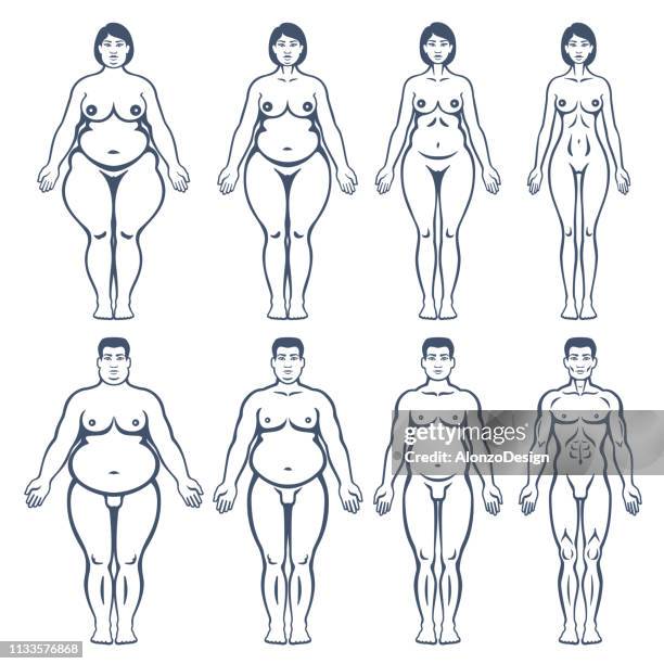 stockillustraties, clipart, cartoons en iconen met overgewicht man en vrouw lichaam silhouetten - fat woman funny