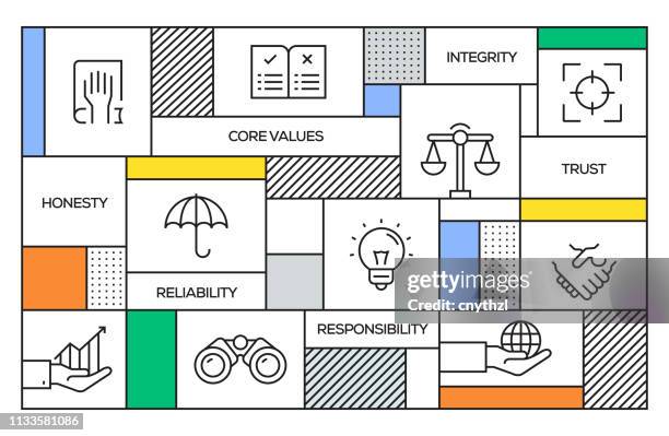 core values concept. geometric retro style banner and poster concept with core values line icons - morality stock illustrations