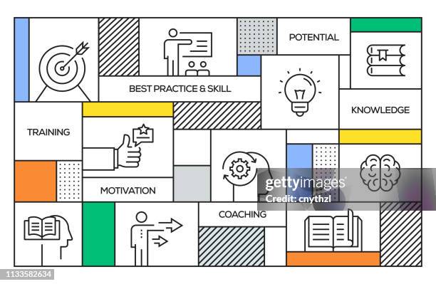 stockillustraties, clipart, cartoons en iconen met beste praktijken en vaardigheids concept. geometrische retro stijl banner en poster concept met best practice en skill line iconen - quality management