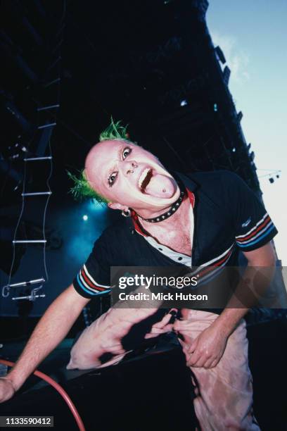 Singer Keith Flint performing with English electronic music group The Prodigy on the main stage at the Phoenix Festival, Long Marston,...