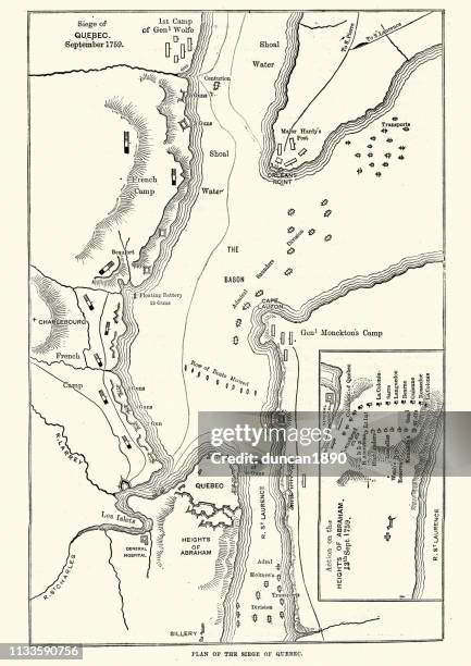 map of the siege of quebec, canada 1759 - quebec map stock illustrations