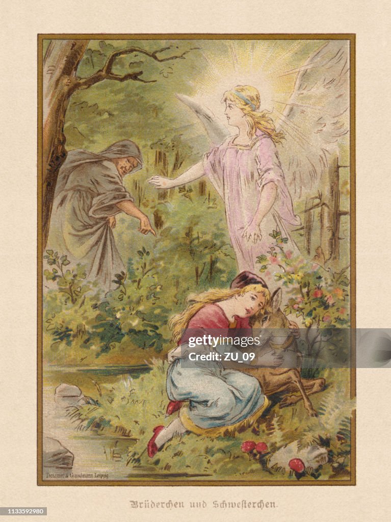 Brother and Sister (Brüderchen und Schwesterchen), Brothers Grimm, lithograph, 1898