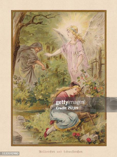 brother and sister (brüderchen und schwesterchen), brothers grimm, lithograph, 1898 - deer creek stock illustrations