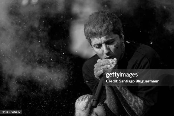 Oliver Sykes lead singer of Bring Me The Horizon performs during the first day of Lollapalooza Buenos Aires 2018 at Hipodromo de San Isidro on March...