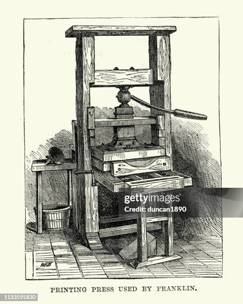 printing press used by benjamin franklin - printing machine stock illustrations