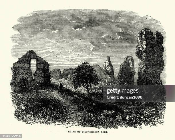 ruins of fort ticonderoga, new york, 19th century - fort ticonderoga stock illustrations