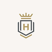 Heraldic Letter H monogram. Elegant minimal logo design. Letter H + Crown + Book + Shield.