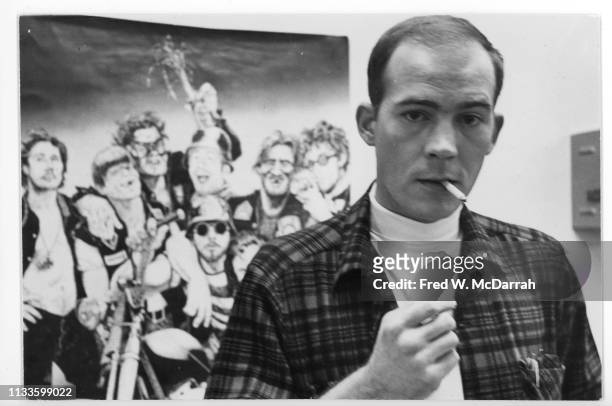 Portrait of American journalist Hunter S Thompson as he attends a release party for his book, 'Hell's Angels: The Strange and Terrible Saga of the...