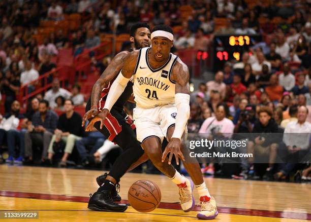 Rondae Hollis-Jefferson of the Brooklyn Nets in action against the Miami Heat at American Airlines Arena on March 2, 2019 in Miami, Florida. NOTE TO...