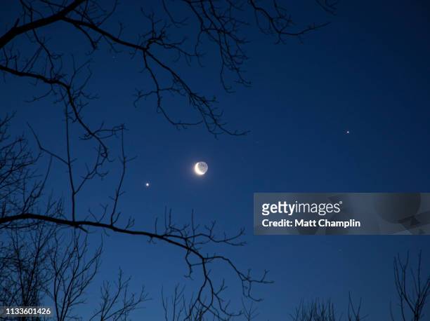 crescent moon, venus, and jupiter in conjunction in winter - venus stock-fotos und bilder
