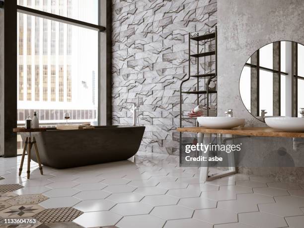 modern bathroom - tiled floor imagens e fotografias de stock
