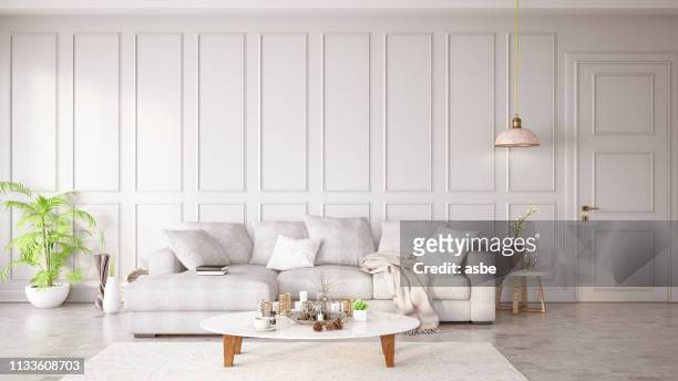 moderne woonkamer met sofa en decoraties - levendige kleur stockfoto's en -beelden