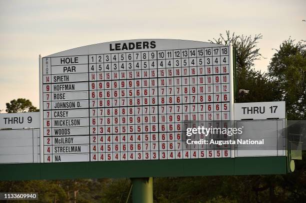 The leader board at No. 18 shows the day's final scores during the third round of the Masters at Augusta National on Saturday, April 11, 2015.