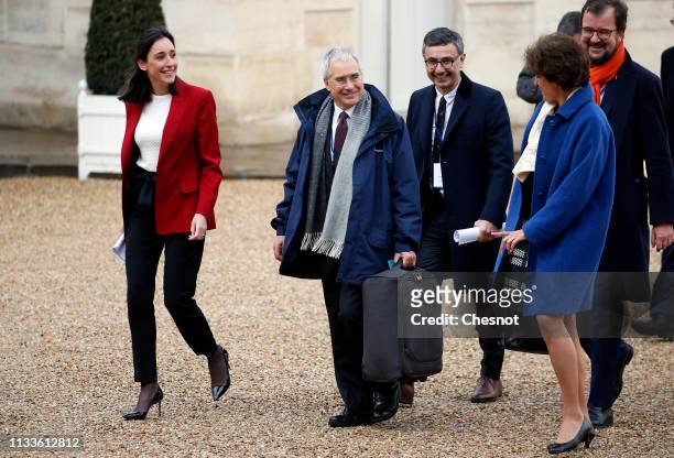 French Junior Minister for Environment Brune Poirson British economist Nicholas Stern and deputy governor of the Bank of France Sylvie Goulard arrive...