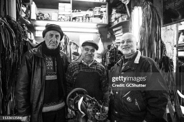 portrait of senior adult friends standing outside a store - beirut people stock pictures, royalty-free photos & images