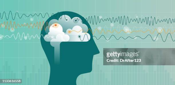 blue head and brain waves - sinneswahrnehmung stock-grafiken, -clipart, -cartoons und -symbole