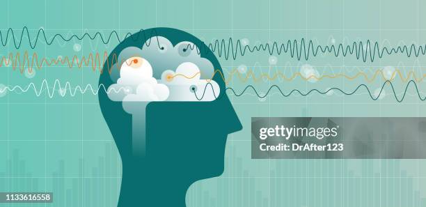 blue head and brain waves - alpha brain wave stock illustrations