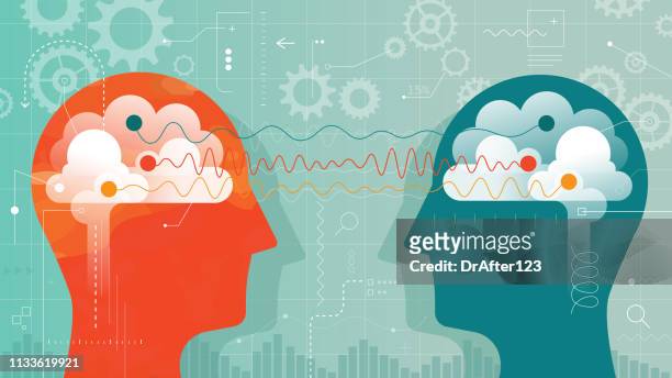 two heads connected with different brain waves - human brain stock illustrations
