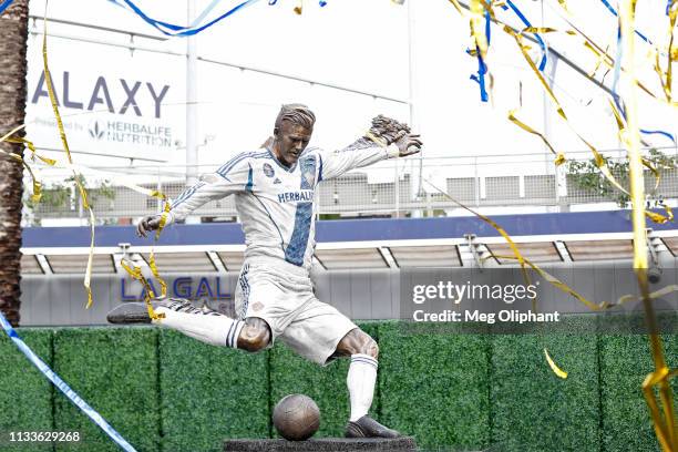 Statue of former professional soccer midfielder David Beckham is unveiled at Dignity Health Sports Park on March 02, 2019 in Carson, California.