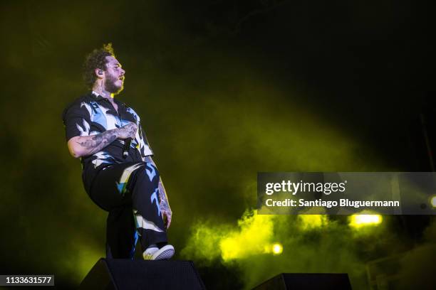 Post Malone performs during the first day of Lollapalooza Buenos Aires 2018 at Hipodromo de San Isidro on March 29, 2019 in Buenos Aires, Argentina.